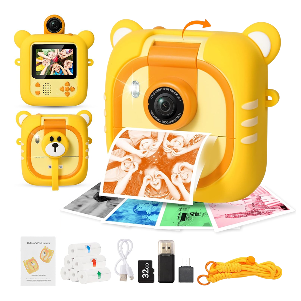 Kids Camera Instant Print, 7 Print Paper (4 Color: O/R/G/B+3 B&W), 2.4" Screen Instant Camera for Kids Ages 3-12,1080P, 180°Flip Lens,32GB Card- Christmas Birthday Present for Boys & Girls