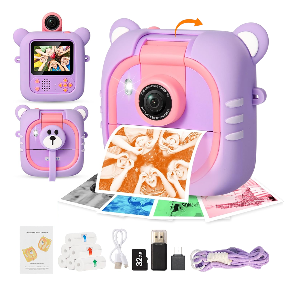 Kids Camera Instant Print, 7 Print Paper (4 Color: O/R/G/B+3 B&W), 2.4" Screen Instant Camera for Kids Ages 3-12,1080P, 180°Flip Lens,32GB Card- Christmas Birthday Present for Boys & Girls