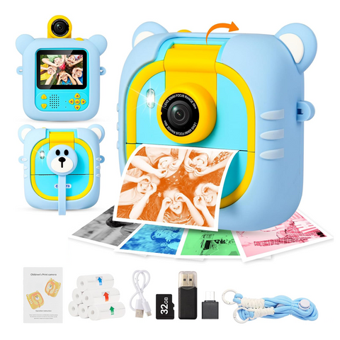 Kids Camera Instant Print, 7 Print Paper (4 Color: O/R/G/B+3 B&W), 2.4" Screen Instant Camera for Kids Ages 3-12,1080P, 180°Flip Lens,32GB Card- Christmas Birthday Present for Boys & Girls
