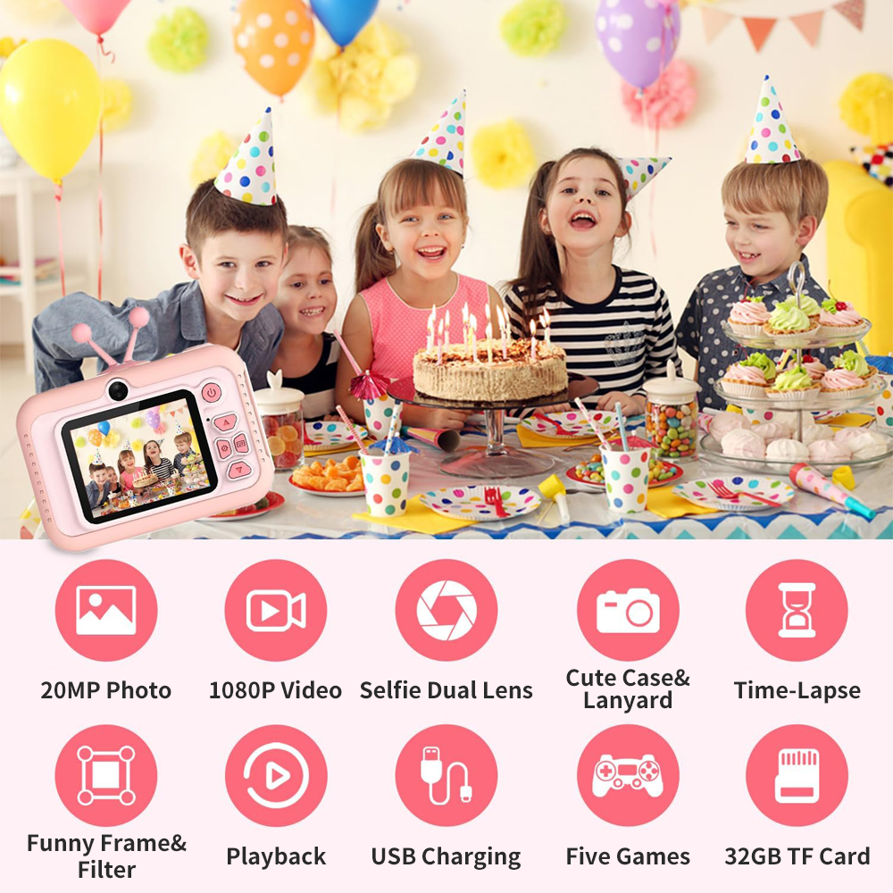 Kids Camera Toys for Boys/Girls Age 3-12 Years Old,48MP Dual Lens Kids Digital Camera Toddler Camera Christmas Birthday Gifts, 1080P HD Video Selfie Camera with 32G SD Card-Pink