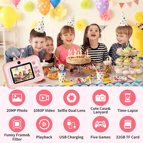 Kids Camera Toys for Boys/Girls Age 3-12 Years Old,48MP Dual Lens Kids Digital Camera Toddler Camera Christmas Birthday Gifts, 1080P HD Video Selfie Camera with 32G SD Card-Pink