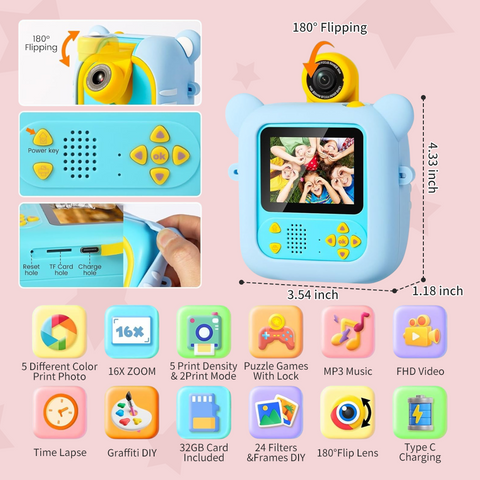 Kids Camera Instant Print, 7 Print Paper (4 Color: O/R/G/B+3 B&W), 2.4" Screen Instant Camera for Kids Ages 3-12,1080P, 180°Flip Lens,32GB Card- Christmas Birthday Present for Boys & Girls