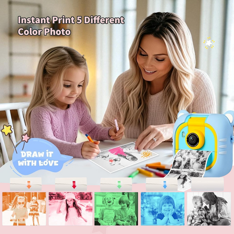 Kids Camera Instant Print, 7 Print Paper (4 Color: O/R/G/B+3 B&W), 2.4" Screen Instant Camera for Kids Ages 3-12,1080P, 180°Flip Lens,32GB Card- Christmas Birthday Present for Boys & Girls