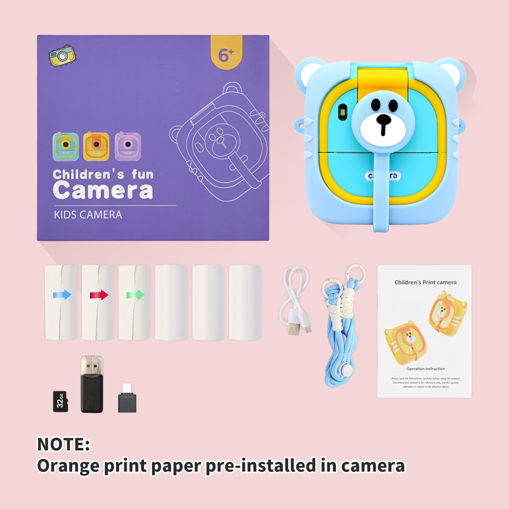 Kids Camera Instant Print, 7 Print Paper (4 Color: O/R/G/B+3 B&W), 2.4" Screen Instant Camera for Kids Ages 3-12,1080P, 180°Flip Lens,32GB Card- Christmas Birthday Present for Boys & Girls