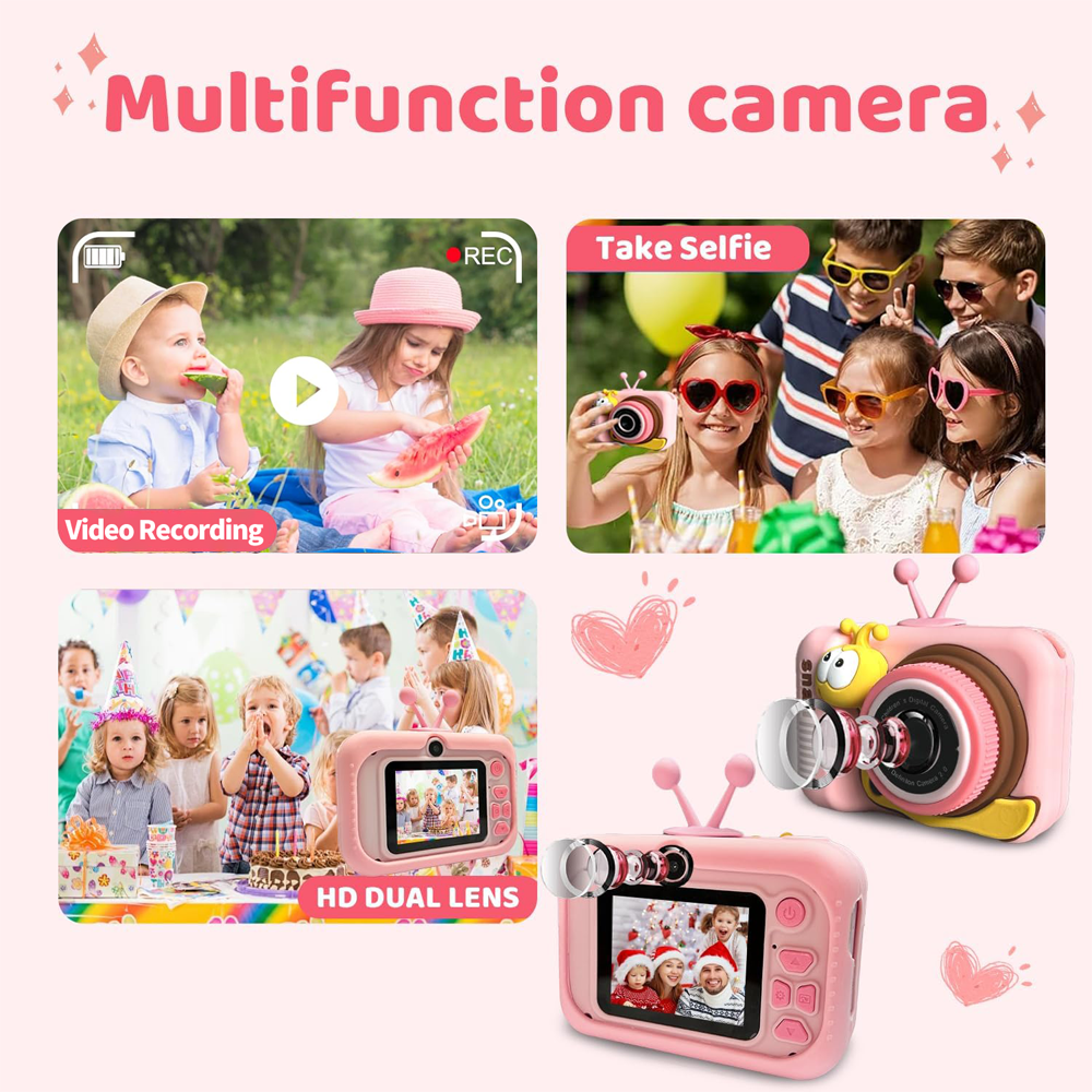 Kids Camera Toys for Boys/Girls Age 3-12 Years Old,48MP Dual Lens Kids Digital Camera Toddler Camera Christmas Birthday Gifts, 1080P HD Video Selfie Camera with 32G SD Card-Pink